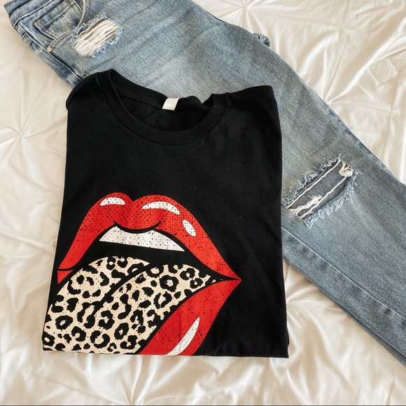 Black Rolling Stones Cheetah Print Tongue - Picture 1 of 2